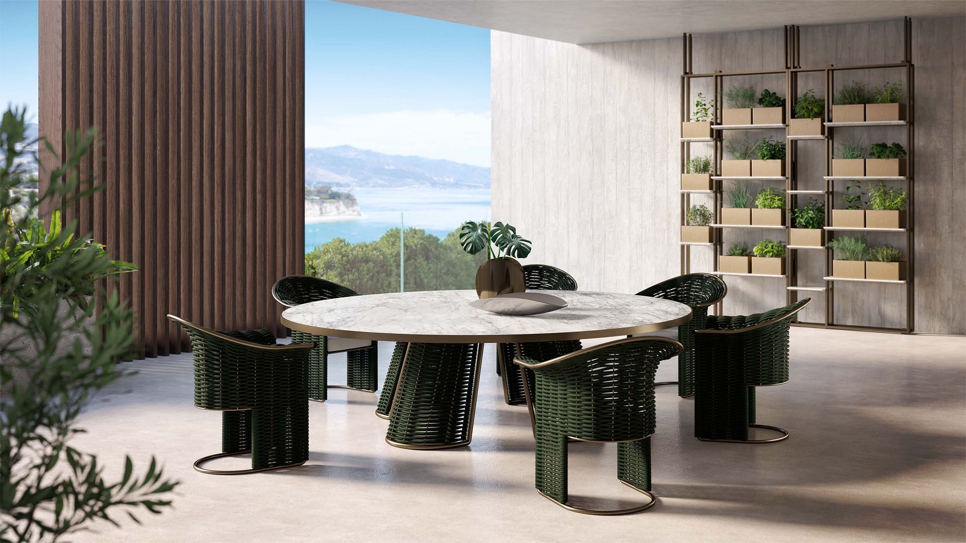 Een eetkamer met een tafel en stoelen en uitzicht op de oceaan.
