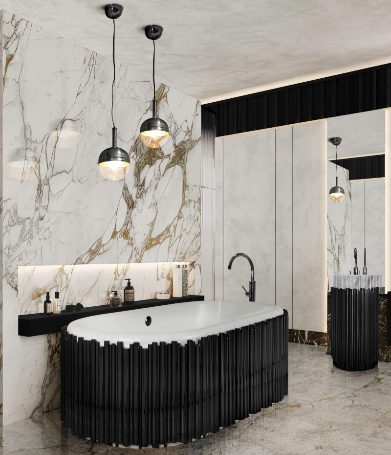Een badkamer met een zwart bad en twee wastafels