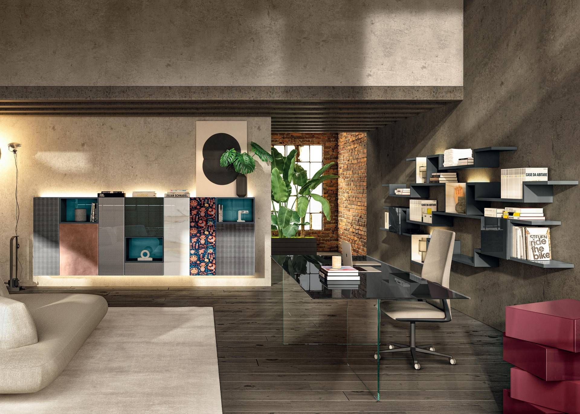 Een woonkamer met een bureau en een stoel