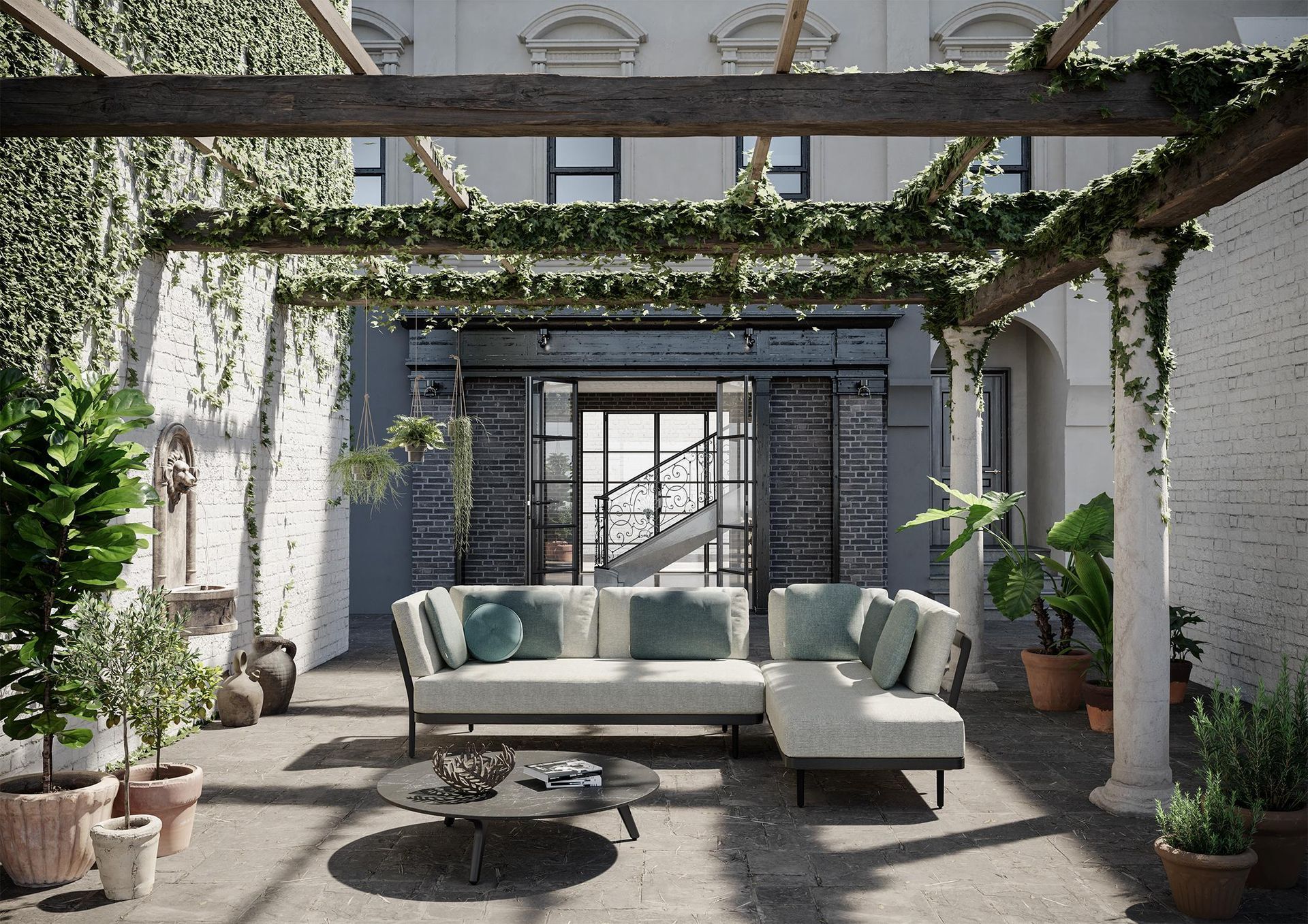 Een woonkamer met een bank en een tafel onder een pergola