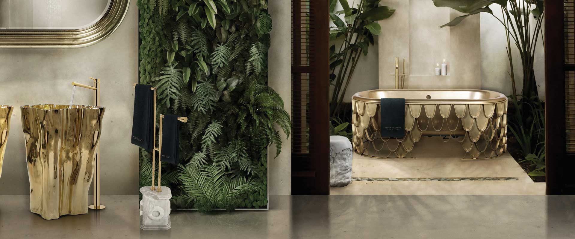 Een badkamer met wastafel, bad, spiegel en planten.