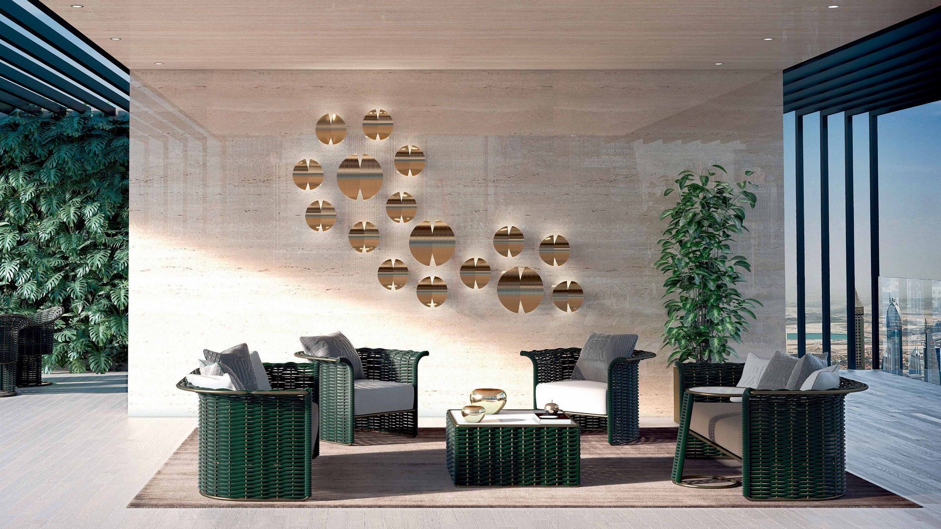 Een woonkamer met veel meubels en een muurdecoratie