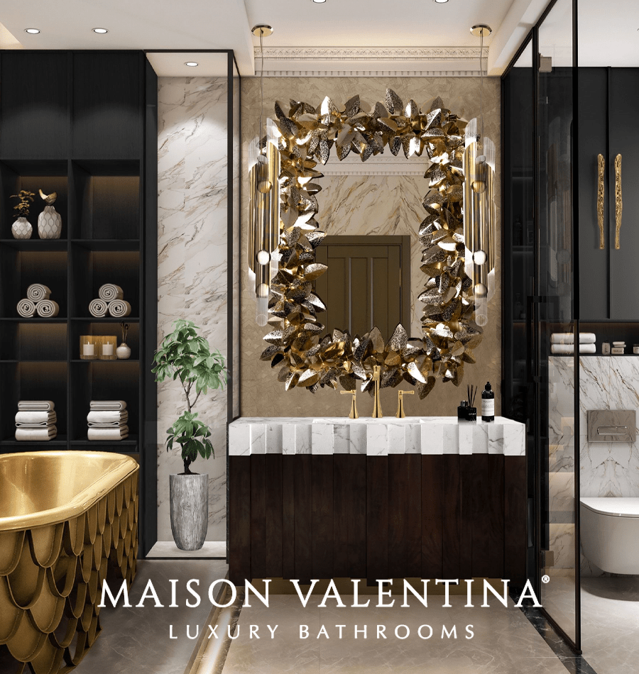 Een badkamer met een bad en een grote spiegel van maison valentina