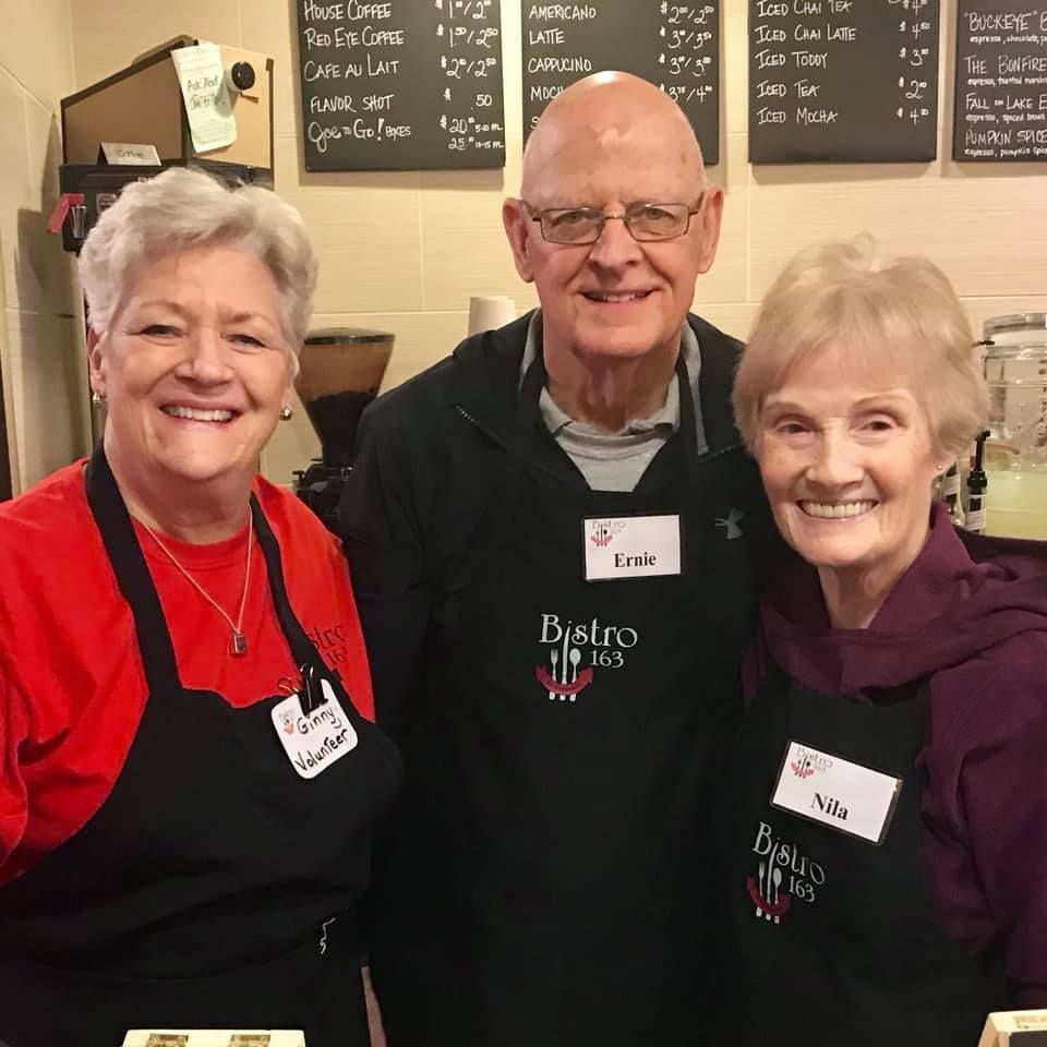 Ginny, Ernie, Nila volunteering at Bistro 163