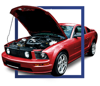 Red sports car with hood open, showing engine compartment, on a white background with blue frame | Madison Automotive