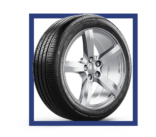 Chrome car wheel and tire with black tread, centered inside a blue square border | Madison Automotive
