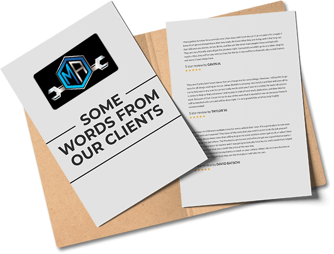 Brochure mockup reading “Some words from our clients” on white papers over a tan folder | Madison Automotive