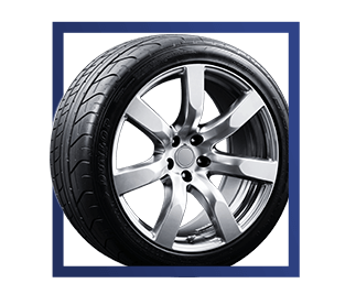 Chrome car wheel and tire with black tread, centered inside a blue square border | Madison Automotive