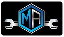 Blue and silver hexagon logo with stylized MA letters between two wrenches on a black background | Madison Automotive