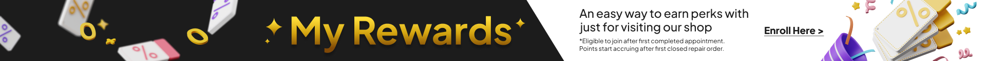 My Rewards banner with a trophy icon, confetti, and colorful reward items on a black background | Madison Automotive