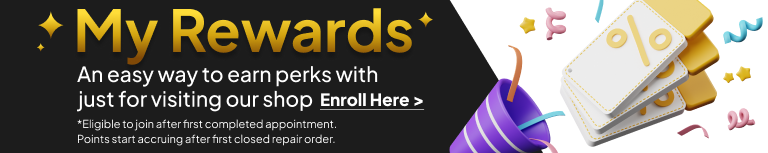 My Rewards banner with a trophy icon, confetti, and colorful reward items on a black background | Madison Automotive