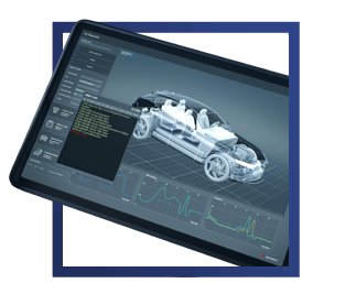 Transparent car CAD model on a tilted computer screen with data graphs and a blue frame | Madison Automotive