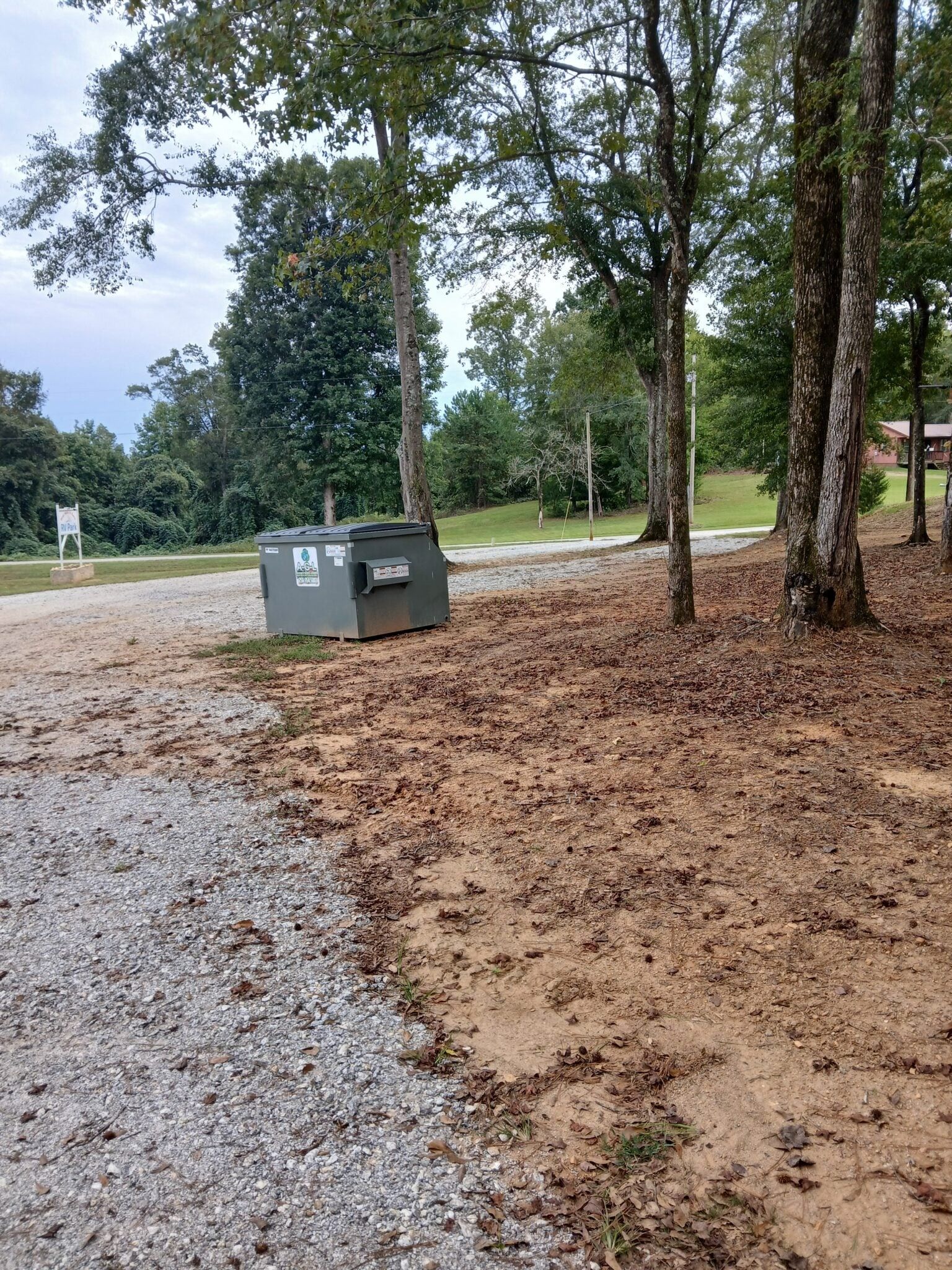 A gray dumpster sits on the edge of a gravel driveway next to a dirt area covered in dry brown leaves near some trees.