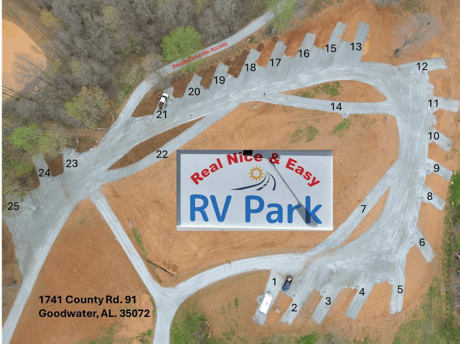 Aerial view of Real Nice & Easy RV Park in Goodwater, Alabama, featuring a numbered layout of 25 graveled camping spots.