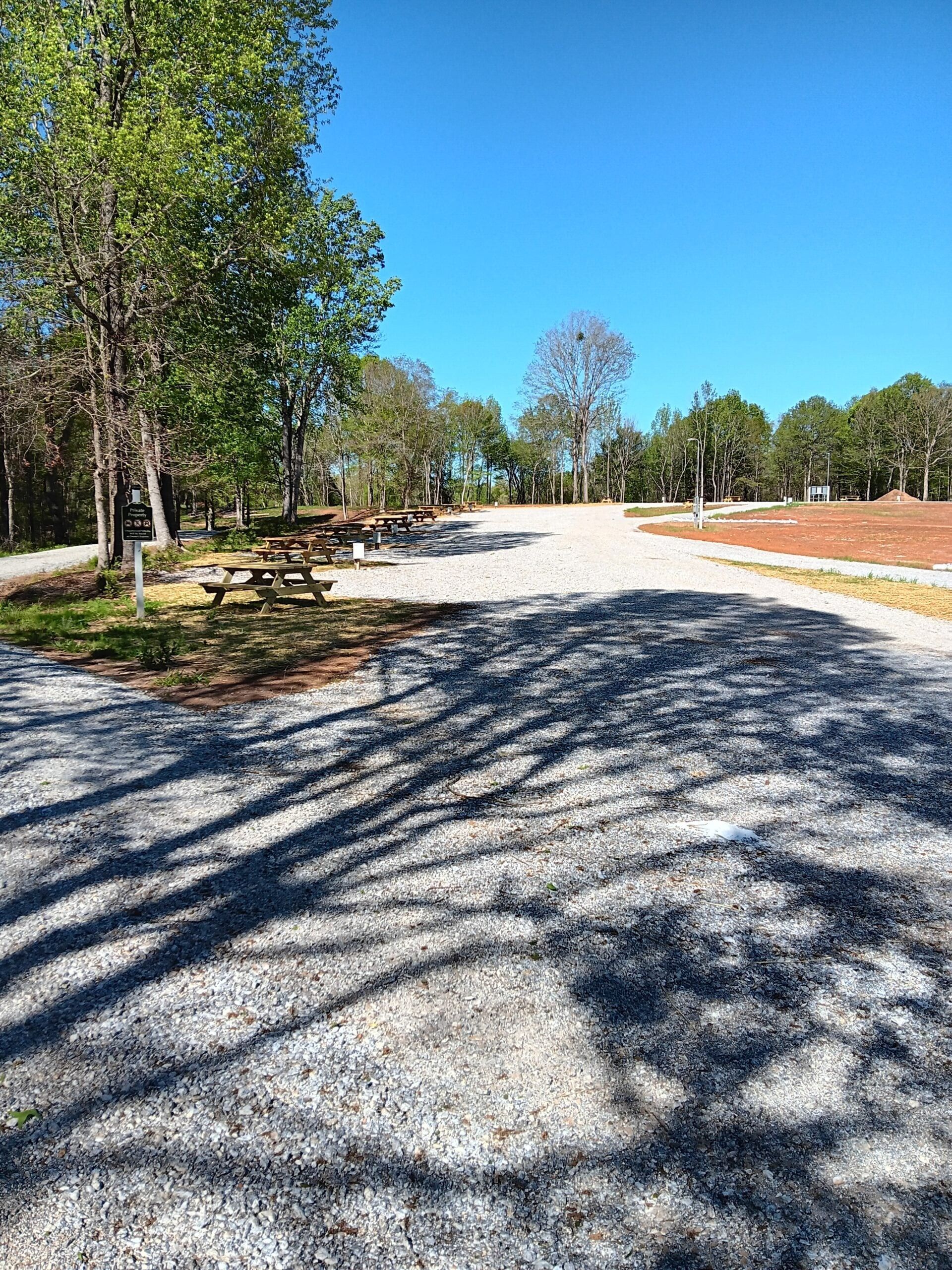 A sunny gravel driveway leads through a park-like area with wooden picnic tables under trees and cleared land on the right.