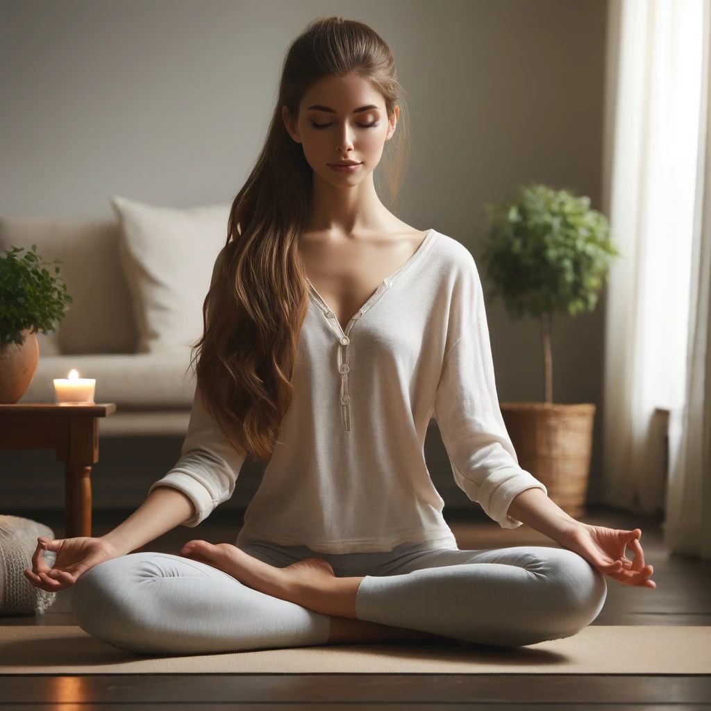 woman assuming a yoga stretched leg pose while practicing meditation