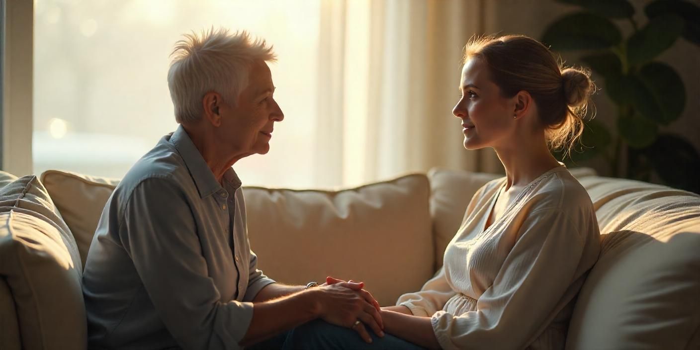Hypnotherapist and client talking on couch