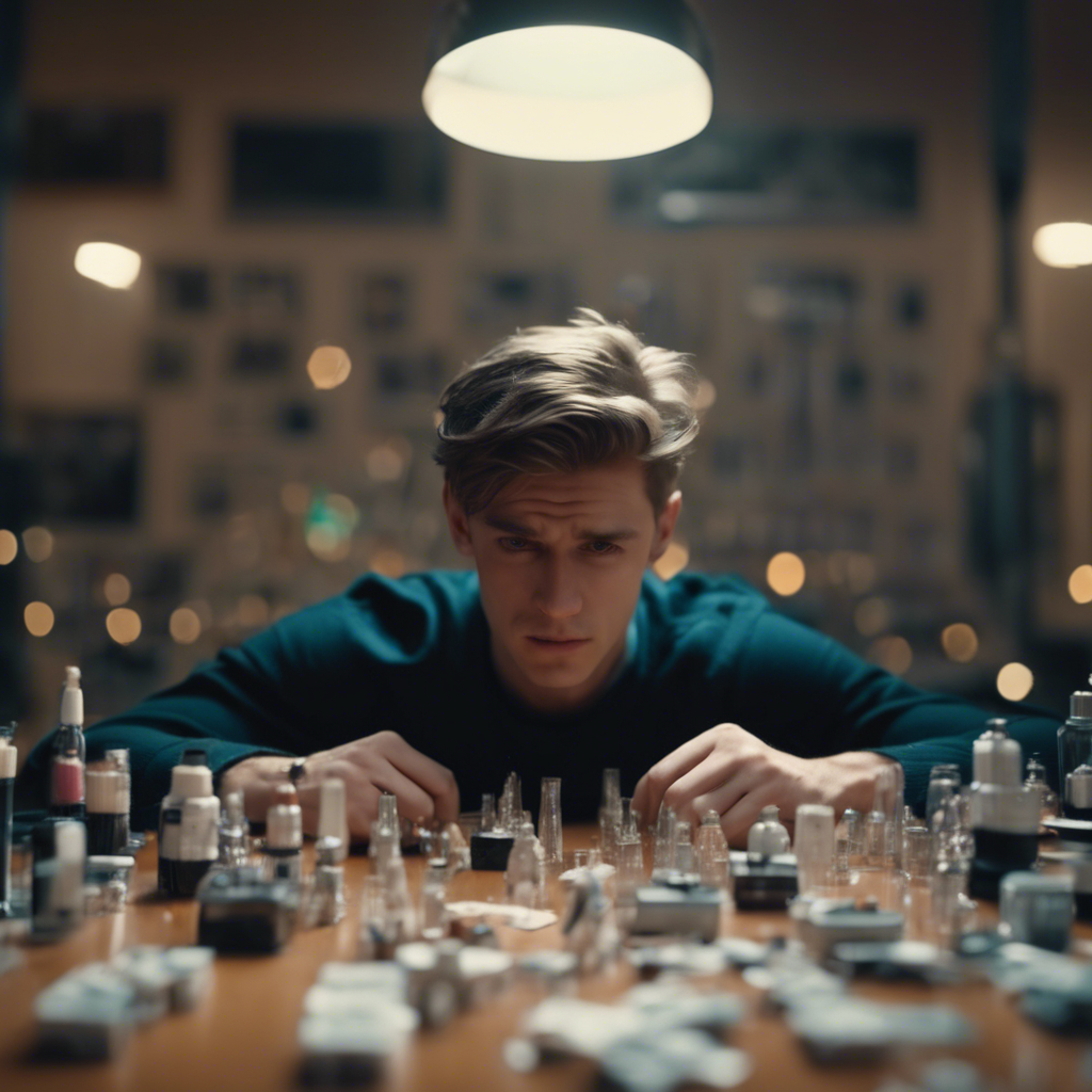 Picture of a man overanalyzing a table full of random items who appears anxious that things are out of place