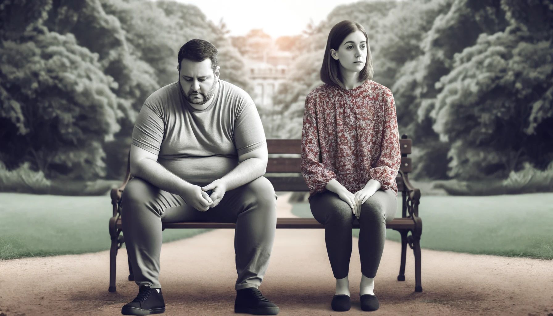 overweight man and woman sitting on a park bench distraught over being overweight
