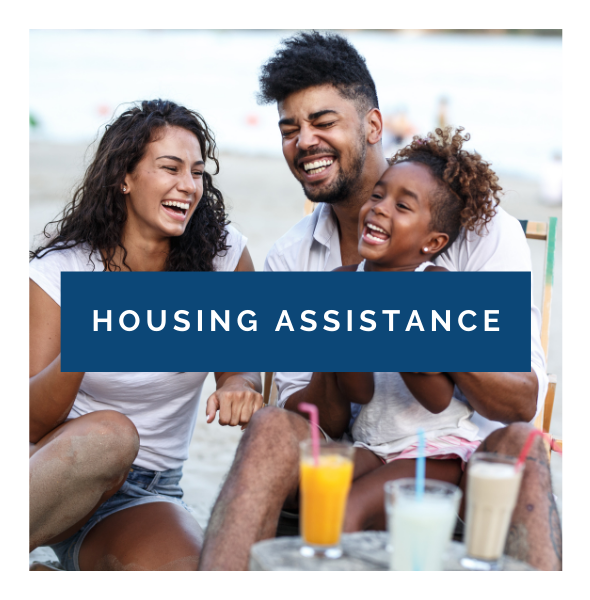 Three smiling people at a table with drinks, overlaid with “HOUSING ASSISTANCE” banner.