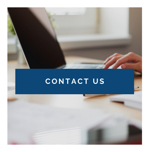 Blue “CONTACT US” button over a blurred desk scene with a laptop and hands typing