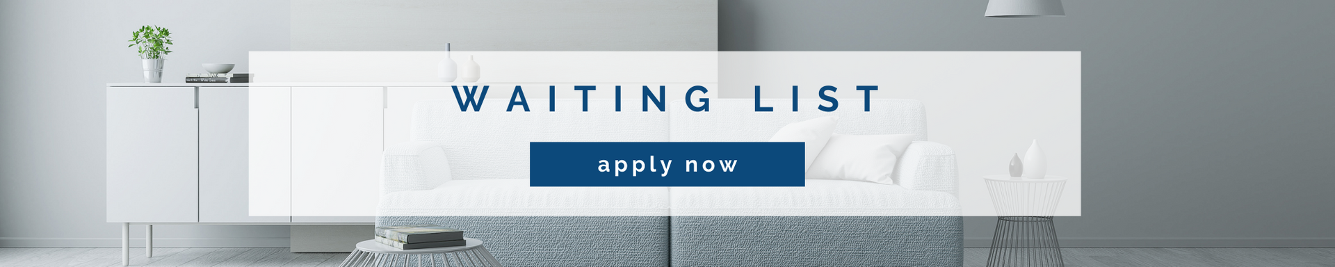 Waiting list banner with a blue sign-up button on a light desk background