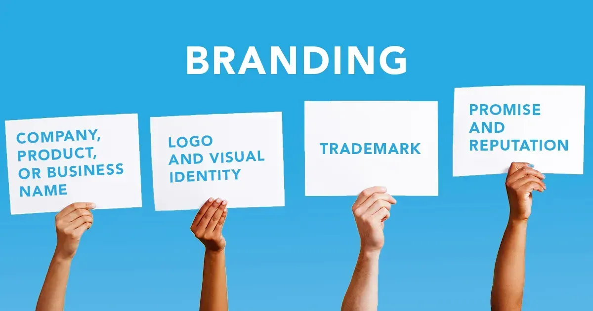 A group of people are holding up signs that say branding.