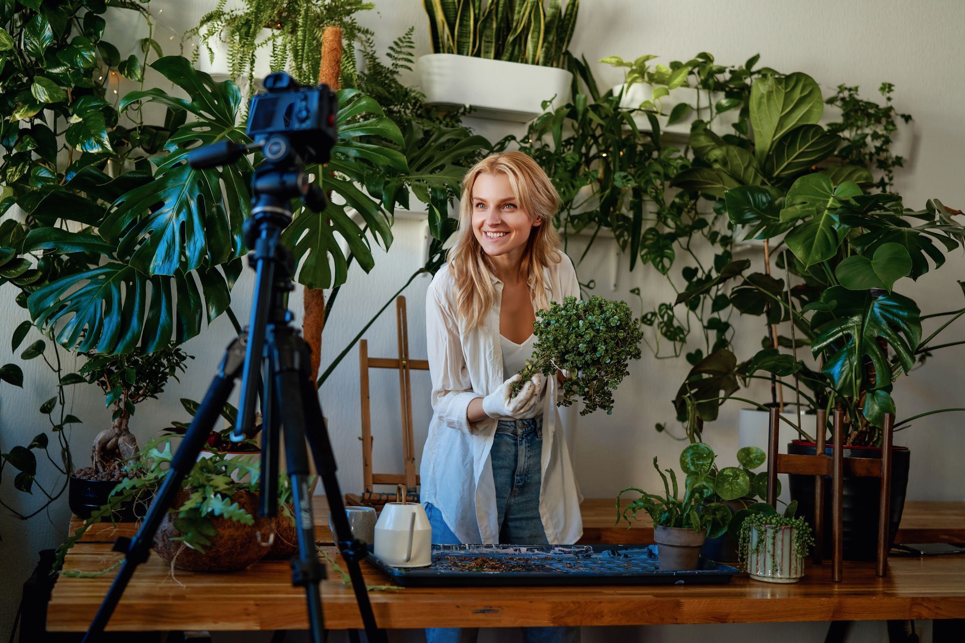 A woman is standing in front of a camera holding a plant.