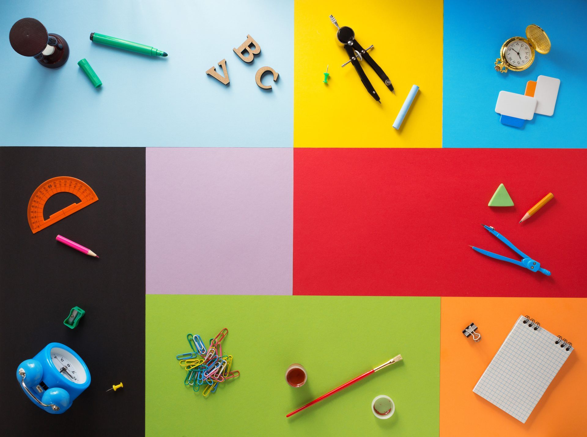 A collage of school supplies on a colorful background