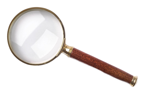 Lente d'ingrandimento con manico in legno e bordo dorato.