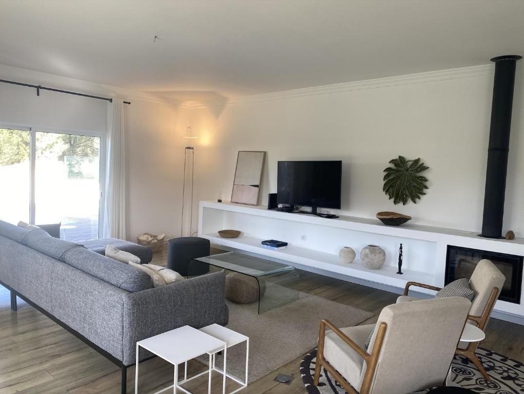 A living room with sofa, chair, table and television.
