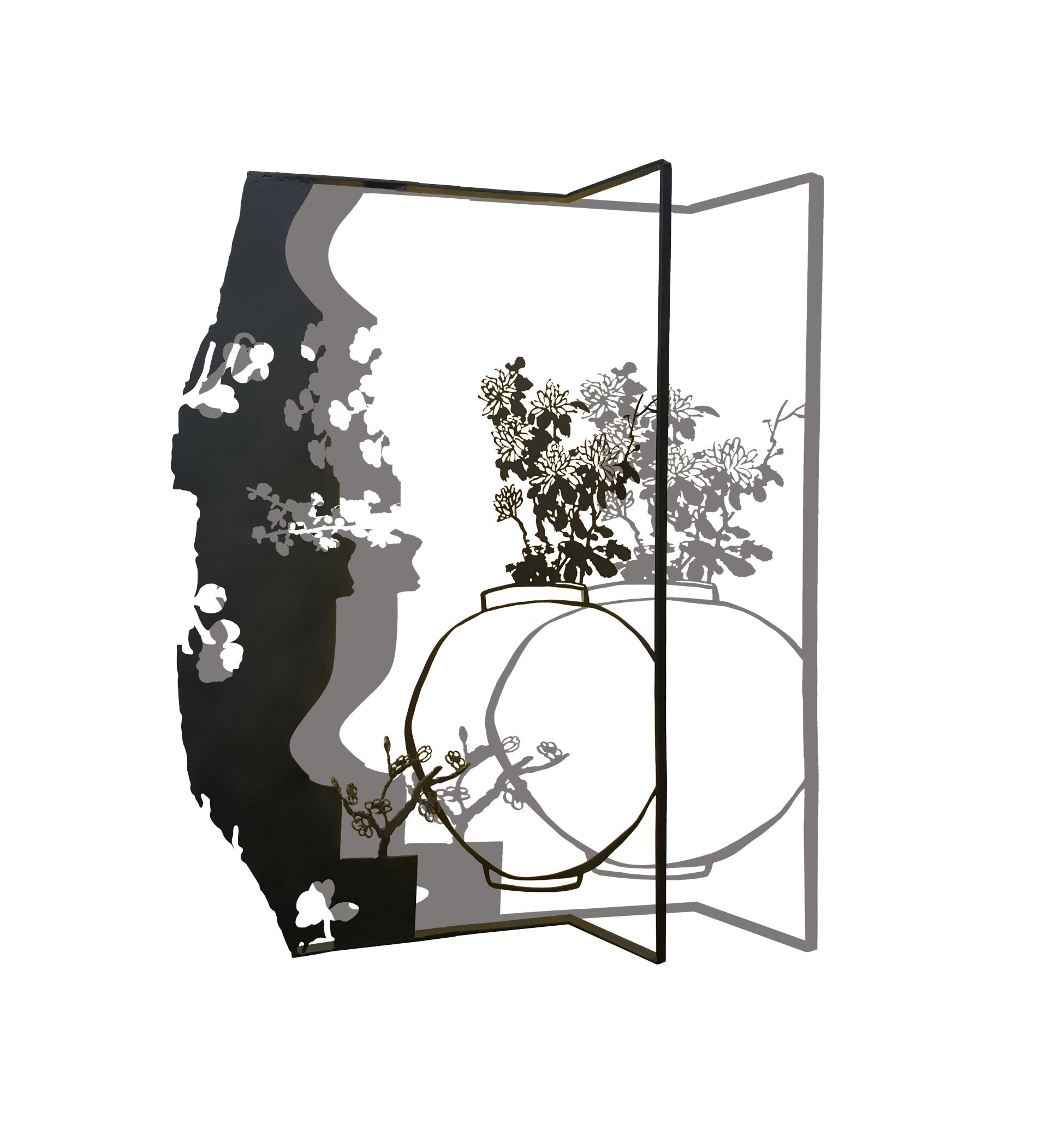 A black and white drawing of a vase with flowers in it