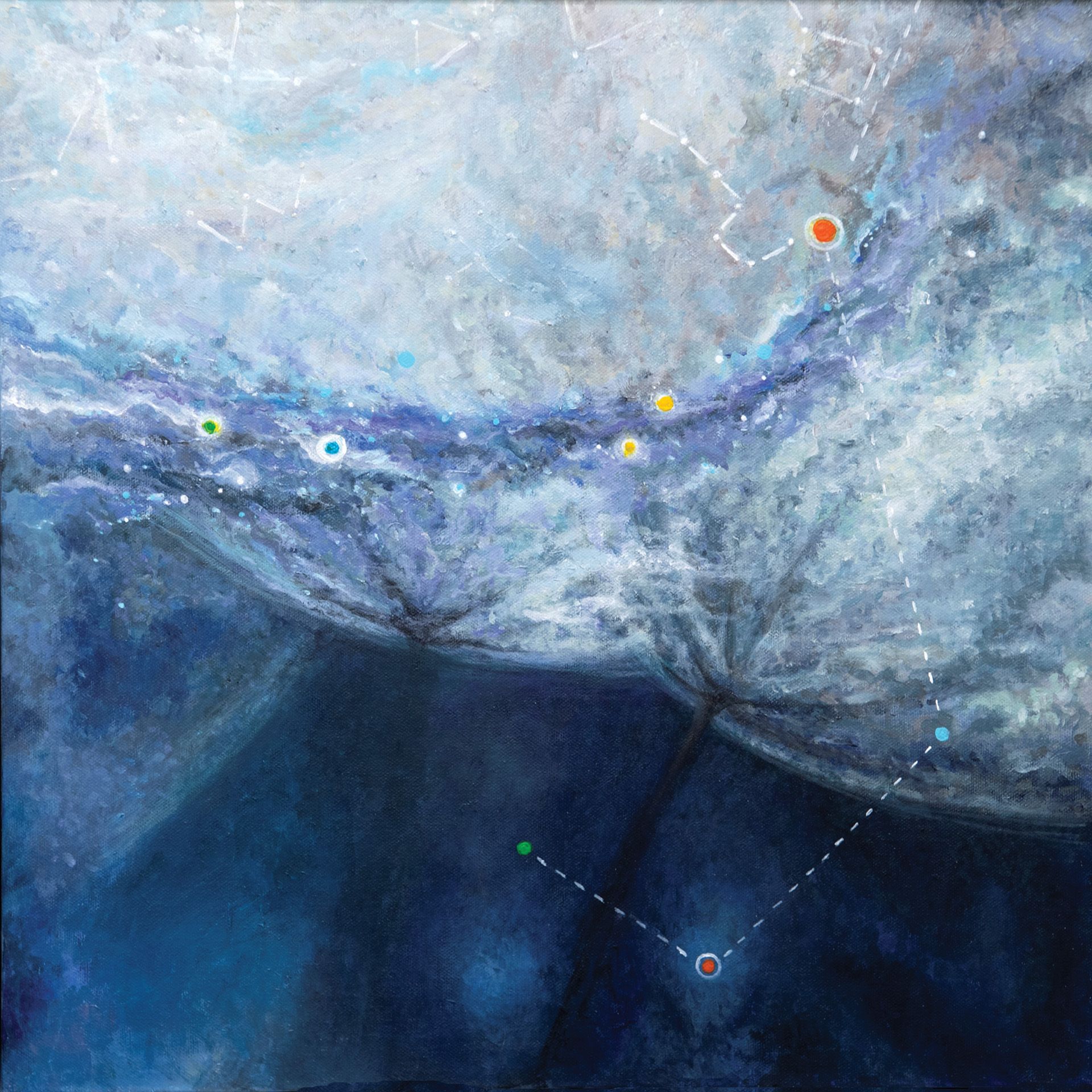 It is a painting of a whale swimming in the ocean.