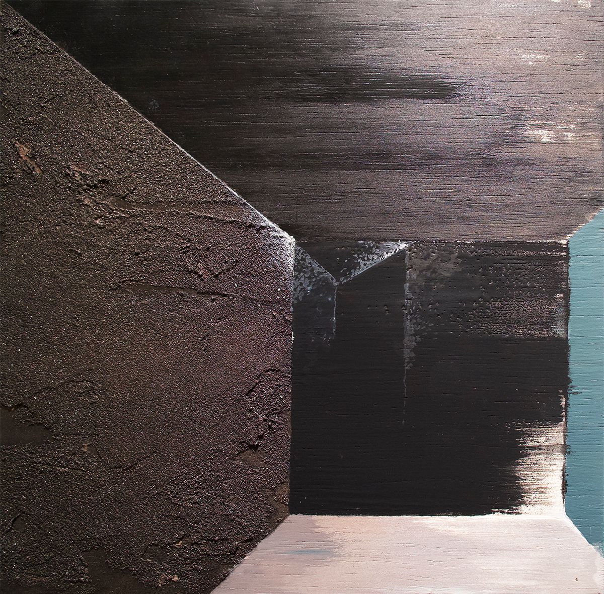 A painting of a dark room with a brick wall