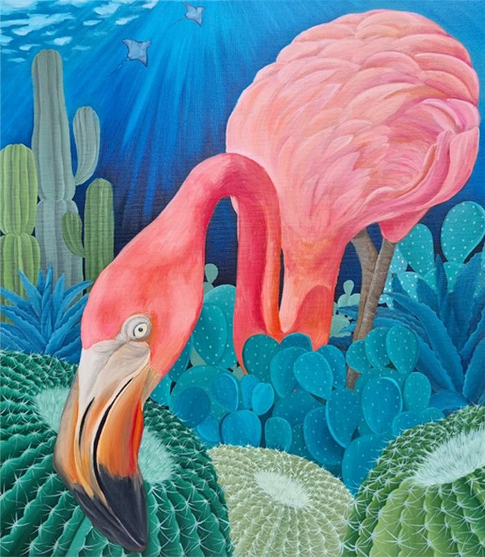 A painting of a pink flamingo surrounded by cactus