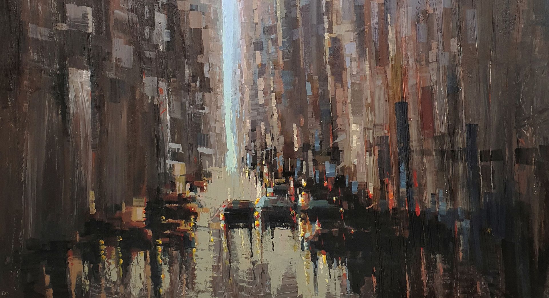 It is a painting of a city street with a lot of buildings.