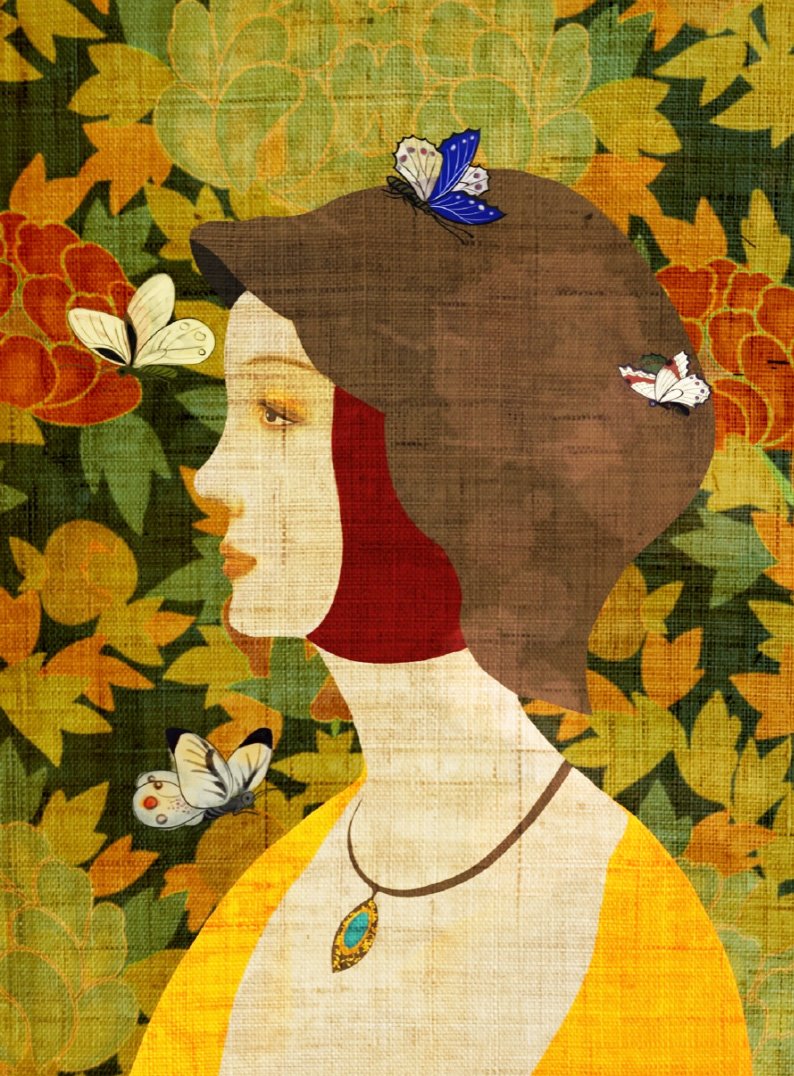 A painting of a woman with butterflies on her head