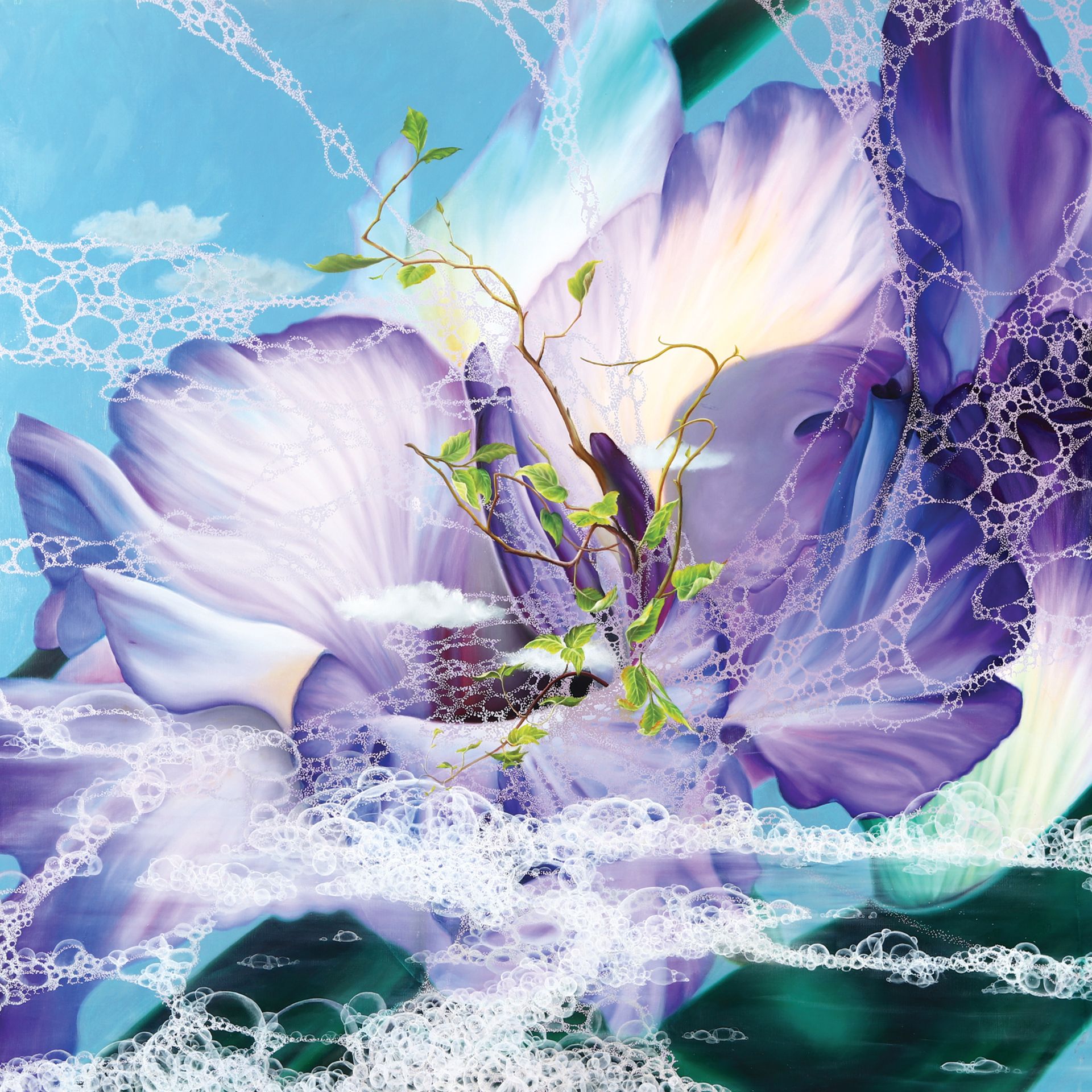 A purple flower is surrounded by bubbles on a blue background