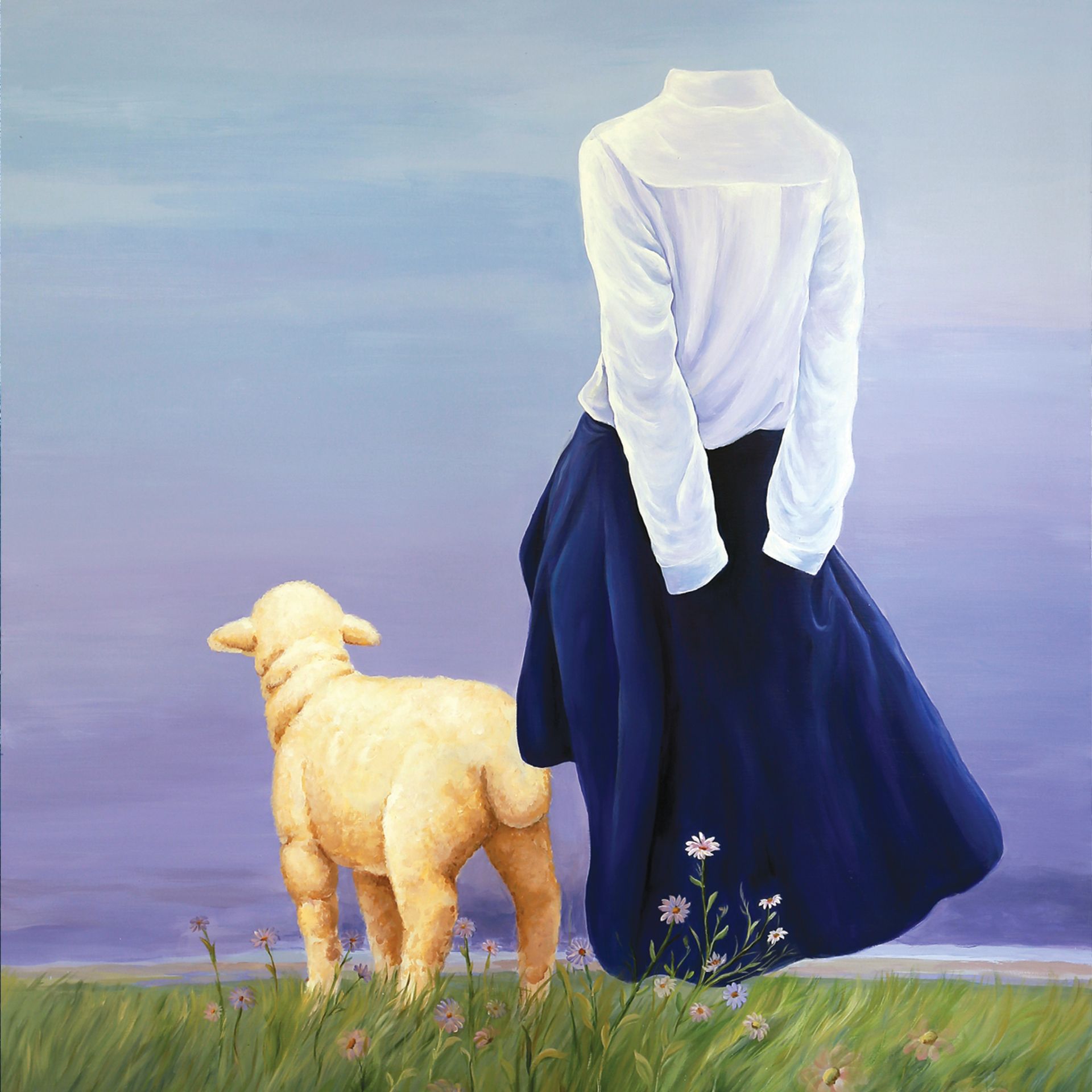 A painting of a woman in a blue skirt standing next to a sheep