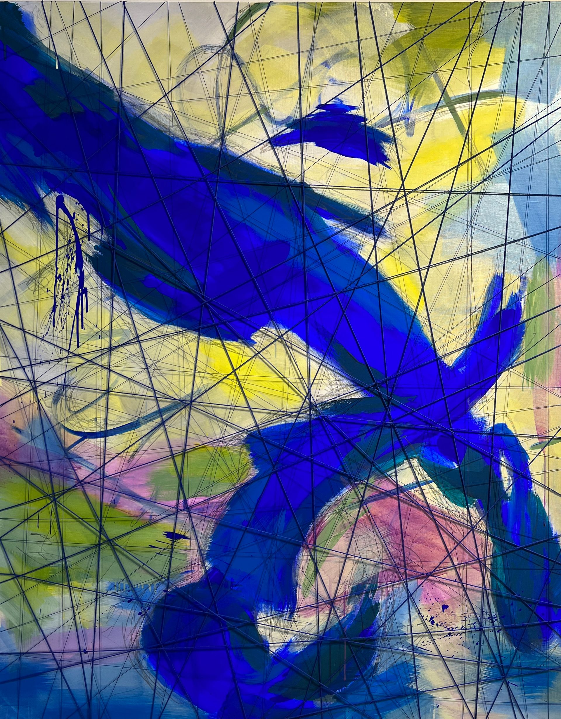 A painting of a blue bird on a yellow background