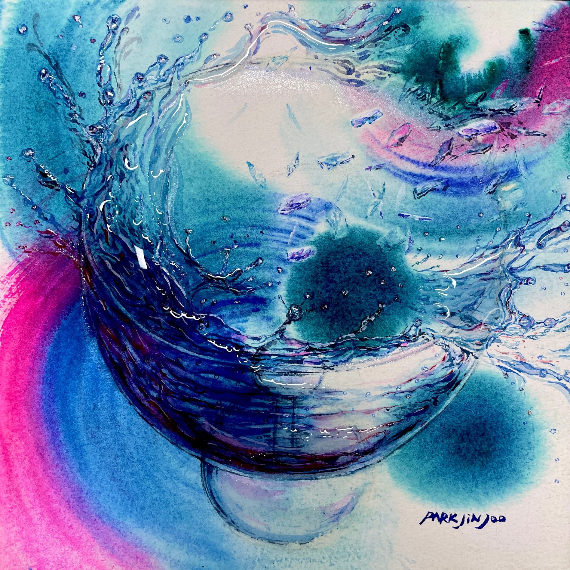 A painting of a bowl of water with a pink and blue background