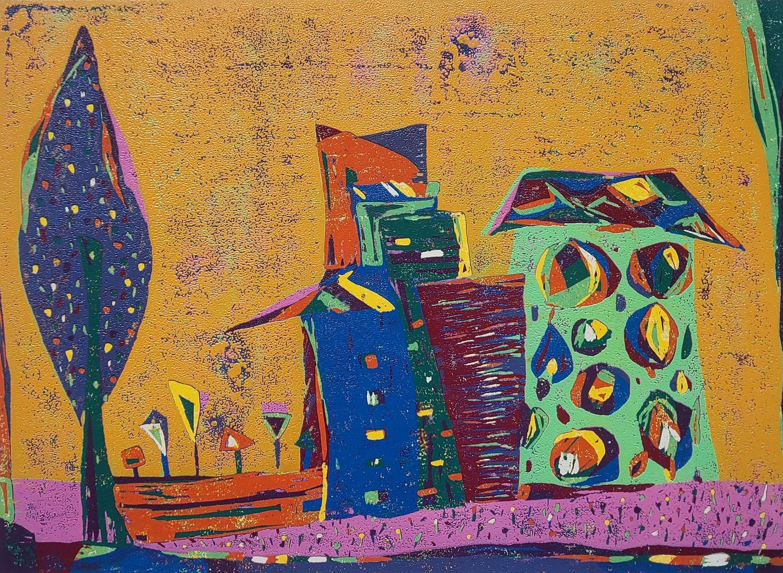 A colorful painting of a city with buildings and trees