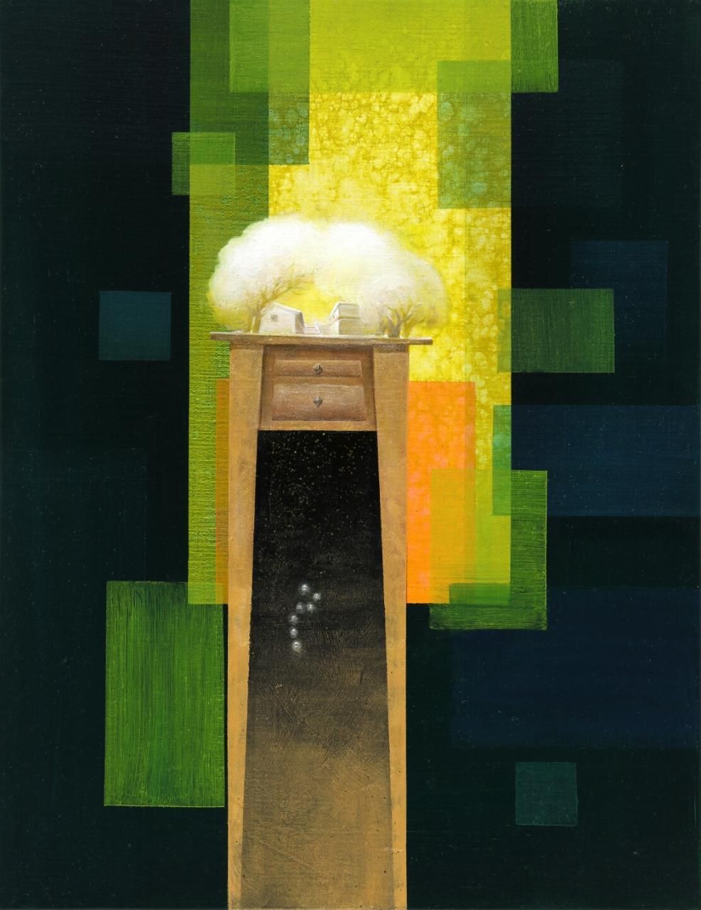 A painting of a table with a cloud on top of it