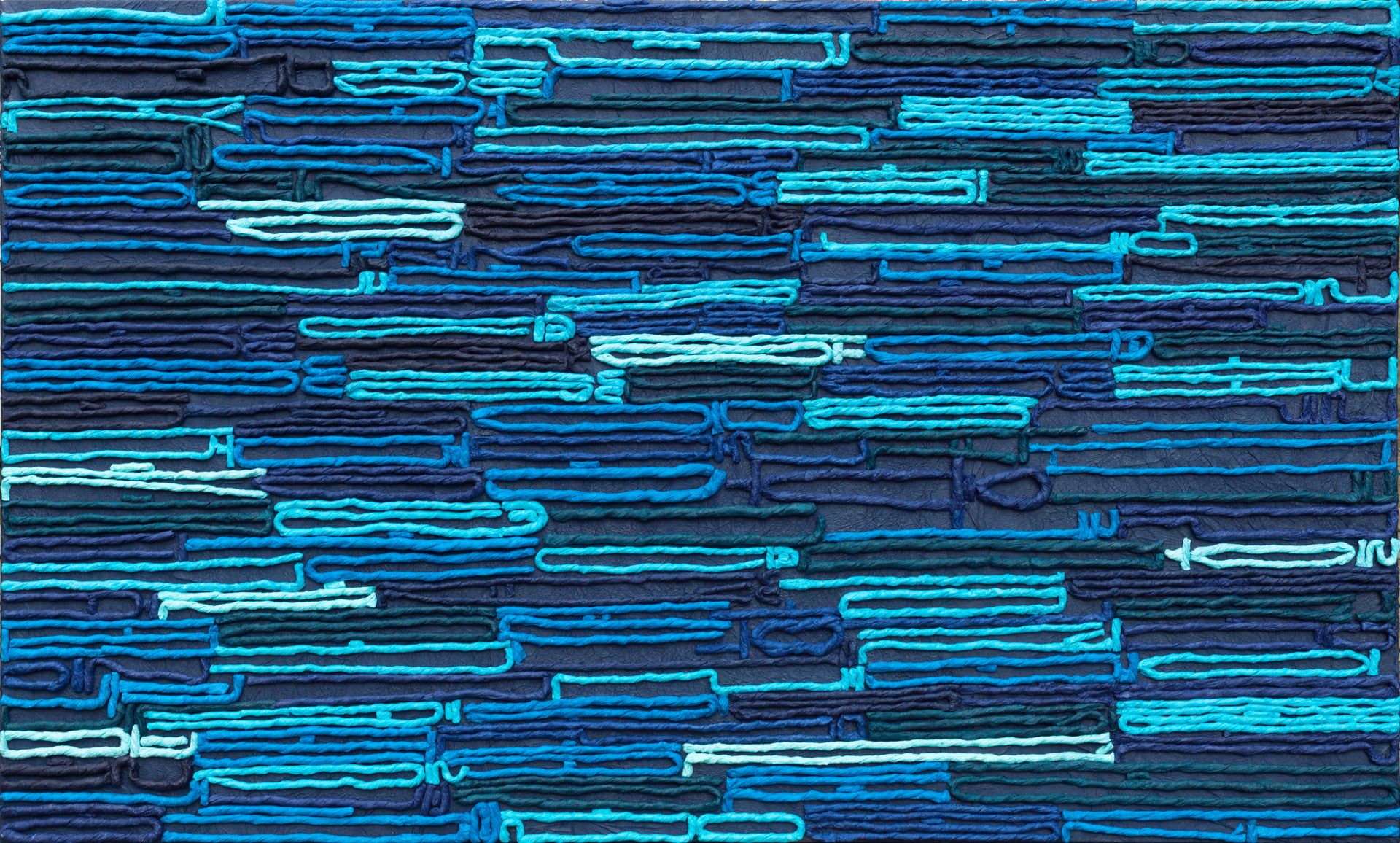 A close up of a blue and purple striped pattern on a wall.