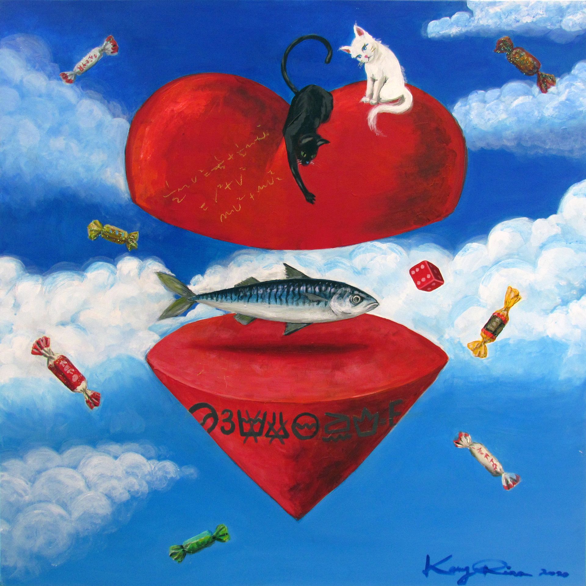 A painting of a cat sitting on top of a heart surrounded by fish and candy