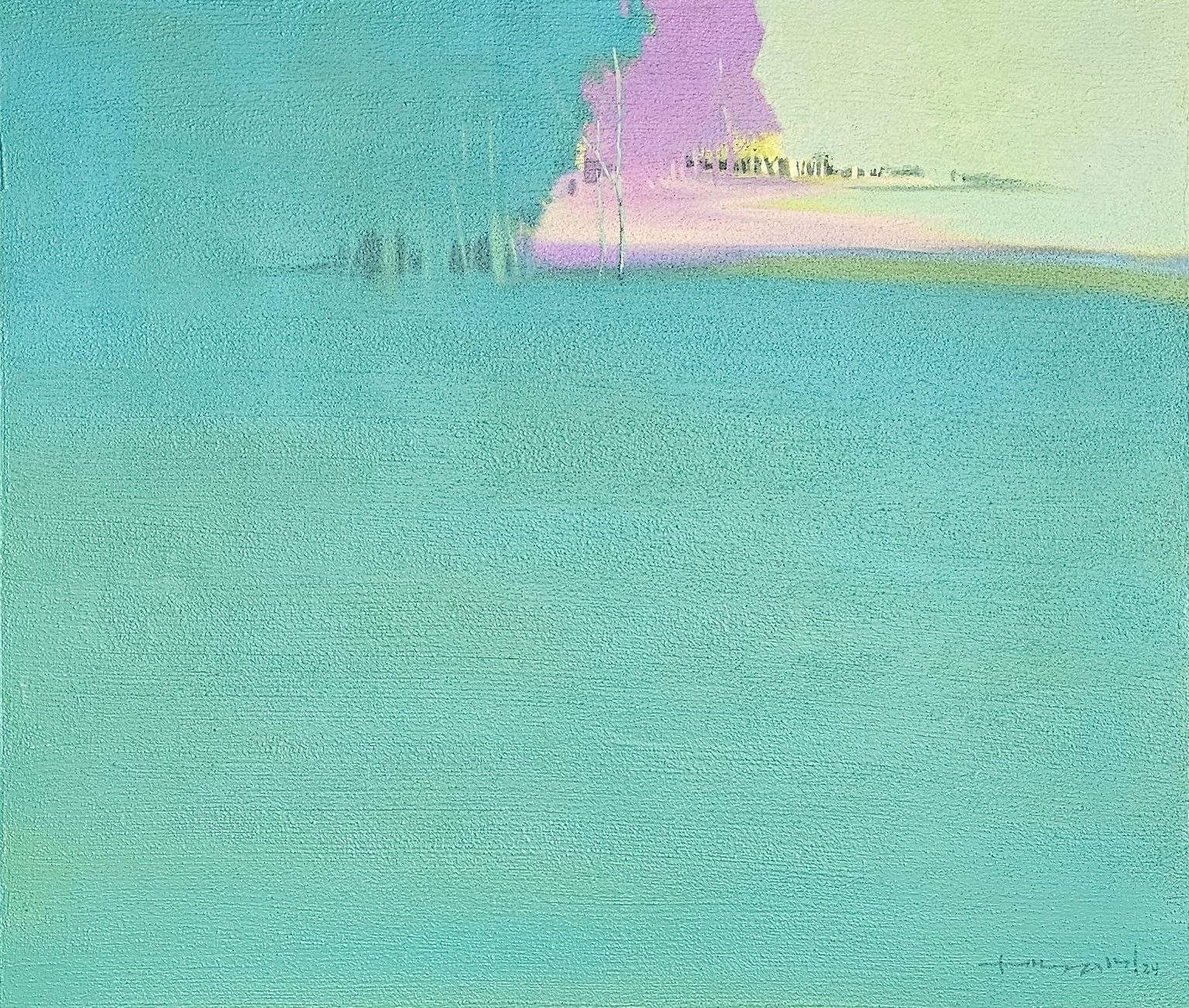 A painting of a house on a hill overlooking a body of water.