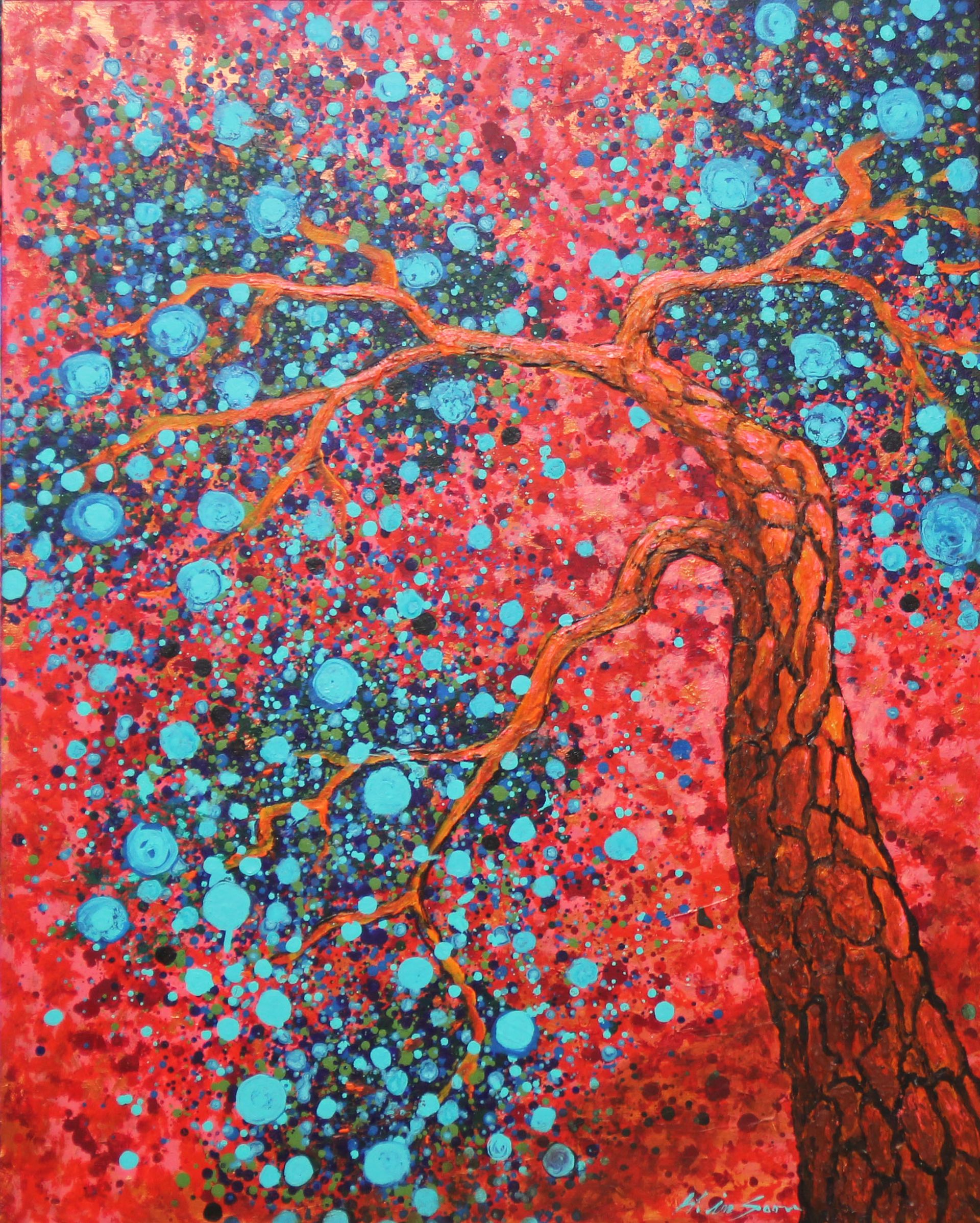A painting of a tree with blue leaves on a red background.