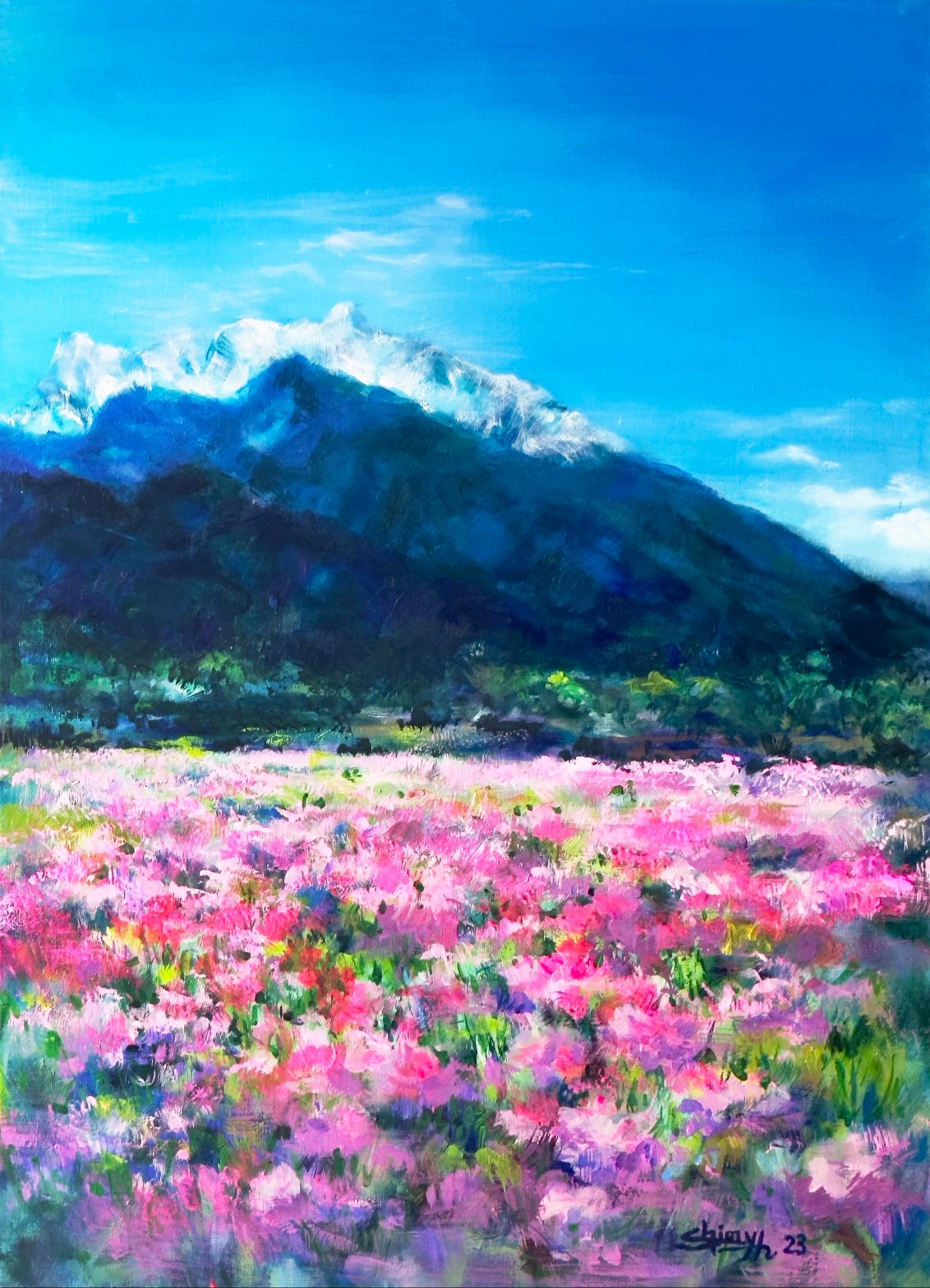 A painting of a field of pink flowers with mountains in the background.