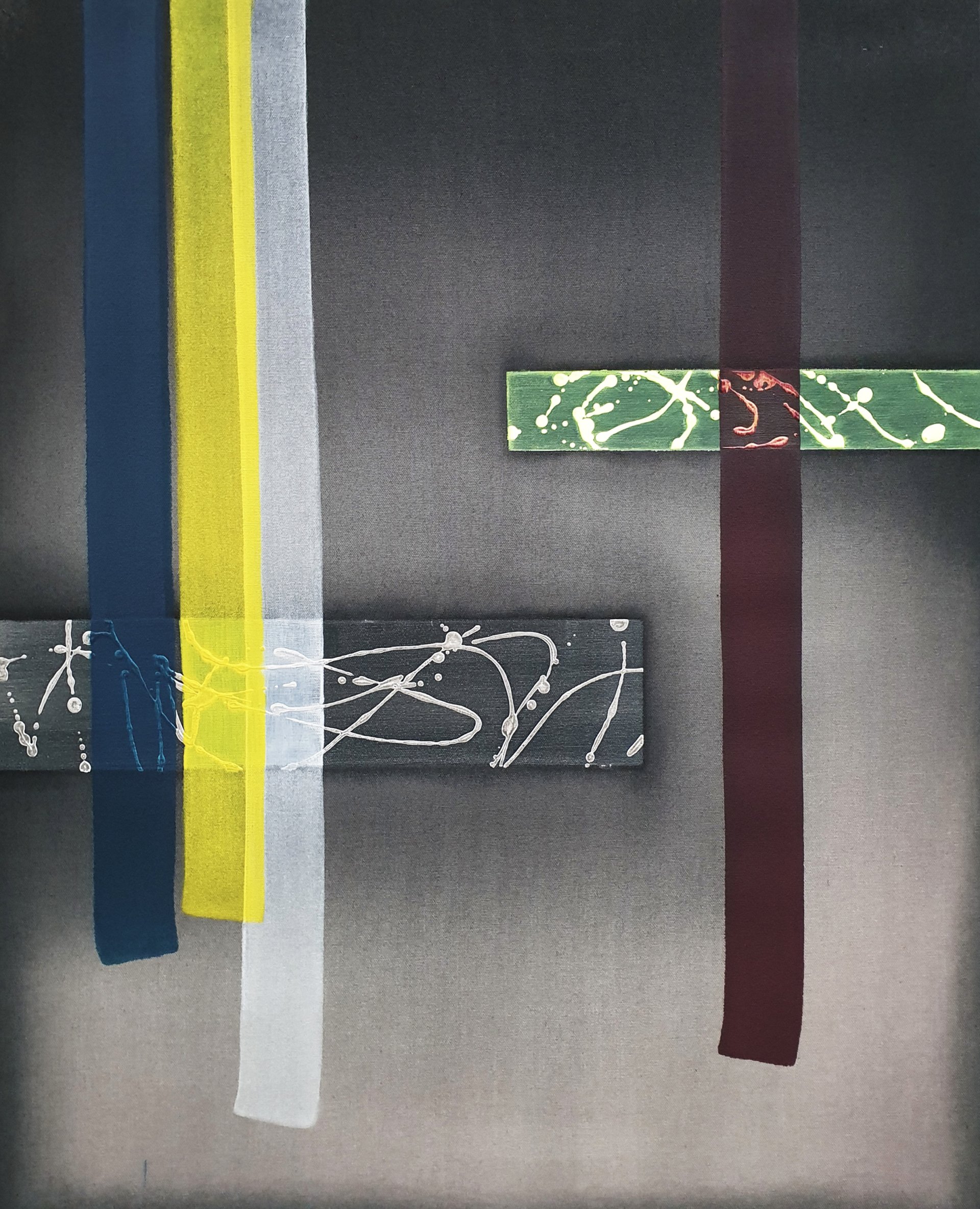 A painting with a few different colored ribbons on it