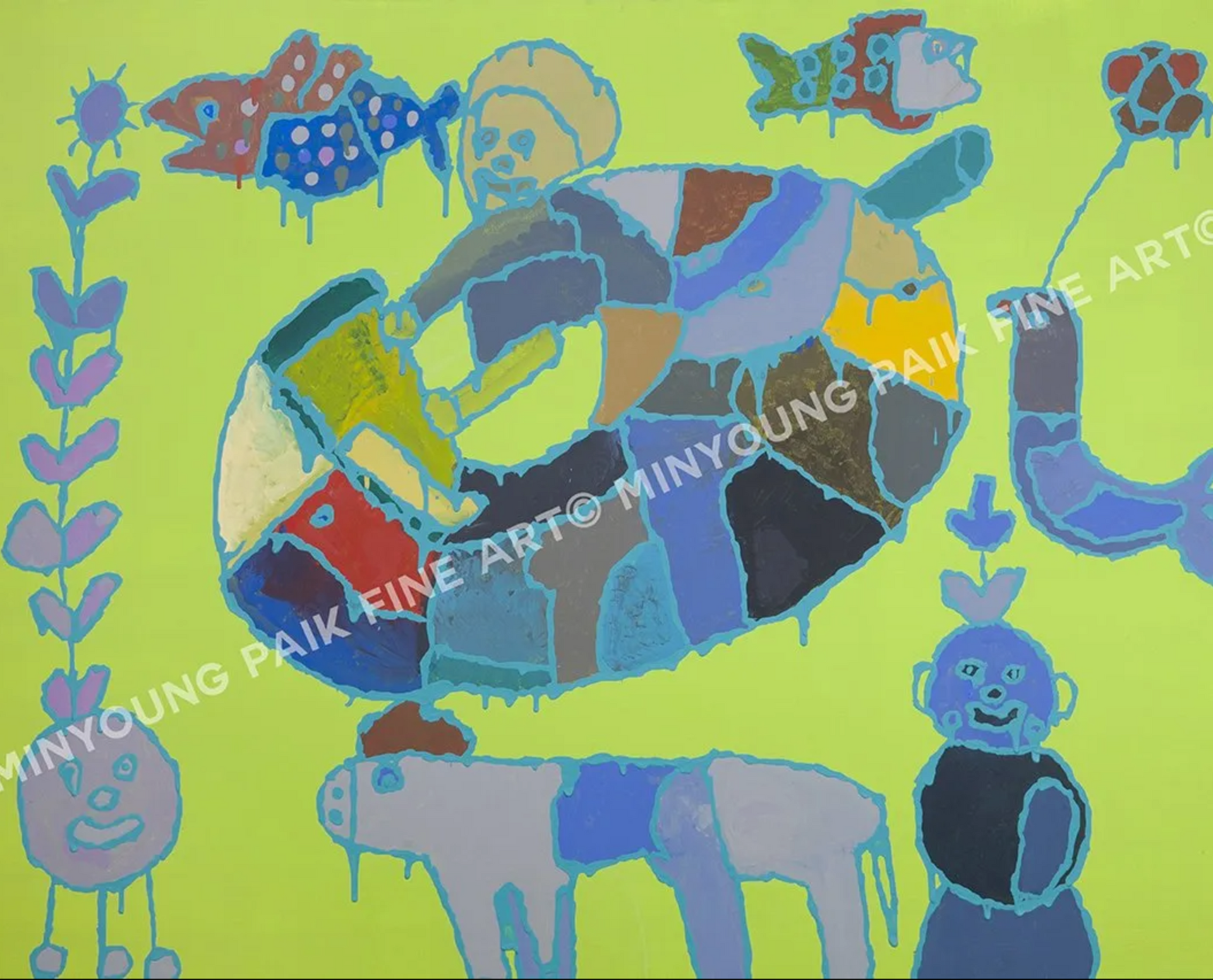 A painting by minyoung park fine arts shows a man riding a sea horse